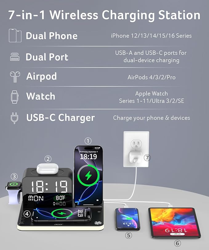acer 7-in-1 Wireless Charging Station: Charger Stand for Multiple Devices for Apple - iPhone 16 15 14 13 12 Pro Max Apple Watch Airpods, Wireless Charger iPhone Charging Station with Bluetooth TimeSyn