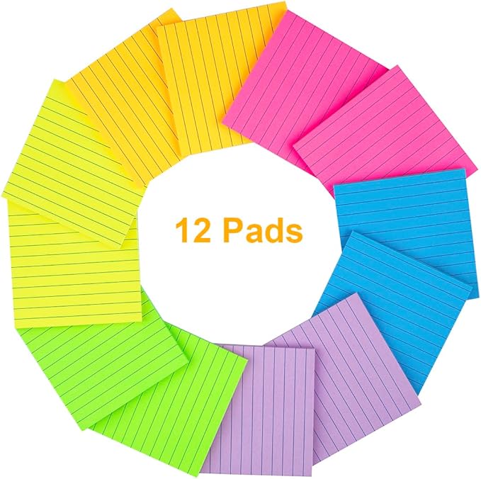 (12 Pads) Lined Sticky Notes 4x4 in, 6 Bright Colors Self-Stick Note Pads, Strong Adhesive, 47 Sheets/Pad