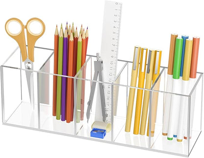 Uniclife Clear Acrylic Pen Holder for Desk, Plastic Pencil Holder Pen Organizer with 5 Compartments, Desktop Stationery Organizer for Office Home School, Vertical Makeup Brush Holder, 11.3" x 3" x 4"