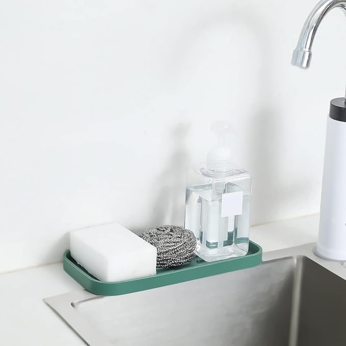 Silicone Kitchen Sink Organizer Tray for Multiple Usage,Eco-Friendly Sponges Holder for Kitchen Bathroom Counter or Sink,Dish Soap Dispenser,Scrubber,Bottle,Cup (Green, 10"×5.3")