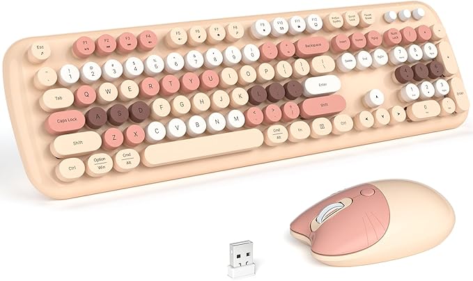MOFII Wireless Keyboard and Mouse Combo, 2.4G Full-Size Retro Typewriter Computer Keyboard and 3 Level Adjustable Wireless Mouse for Windows, Mac OS Desktop/Laptop/PC-Milk Tea Colorful