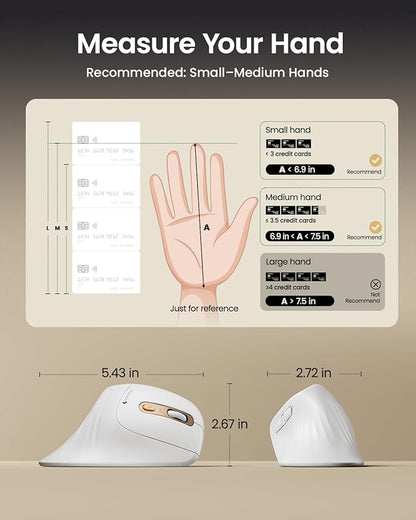 ProtoArc Ergonomic Mouse, EM11 NL Bluetooth Rechargeable Wireless Vertical Mouse, 3 Multi-Device Connectivity for Computer/PC/Laptop, 2.4GHz Optical Mice for Windows, Mac OS, White Gold