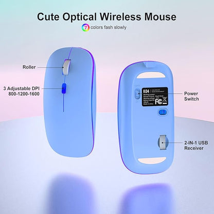 Blue Light Up Keyboard and Mouse Wireless,Cute 2.4Ghz Cordless Rechargeable Transparent Backlit Keyboard,15 Backlight Effects,Volume Knob,RGB Mouse with 3 DPI for Mac Computer PC Laptop Desktop iPad