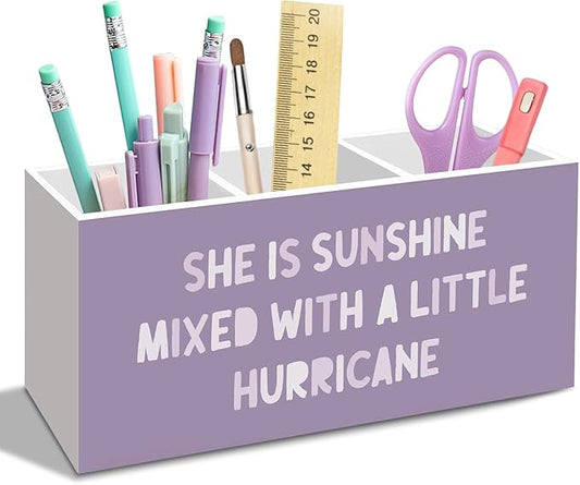 Purple Inspirational Pen Pencil Holder for Desk Decor, Purple Office Desk Accessories, Motivational Pen Holders Organizer for Girls Room Nursery, She Is Sunshine Mixed with a Little Hurricane