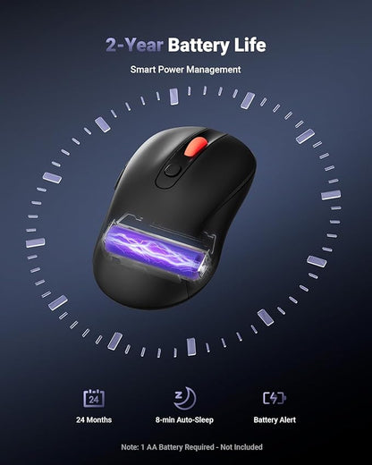 USB Wireless Mouse for Laptop PC Mac, 2.4GHz Cordless Mouse with 6 Buttons, 5-Level Adjustable 4000 DPI, Ergonomic Portable Optical Computer Mice, 24-Month Battery Life -Black