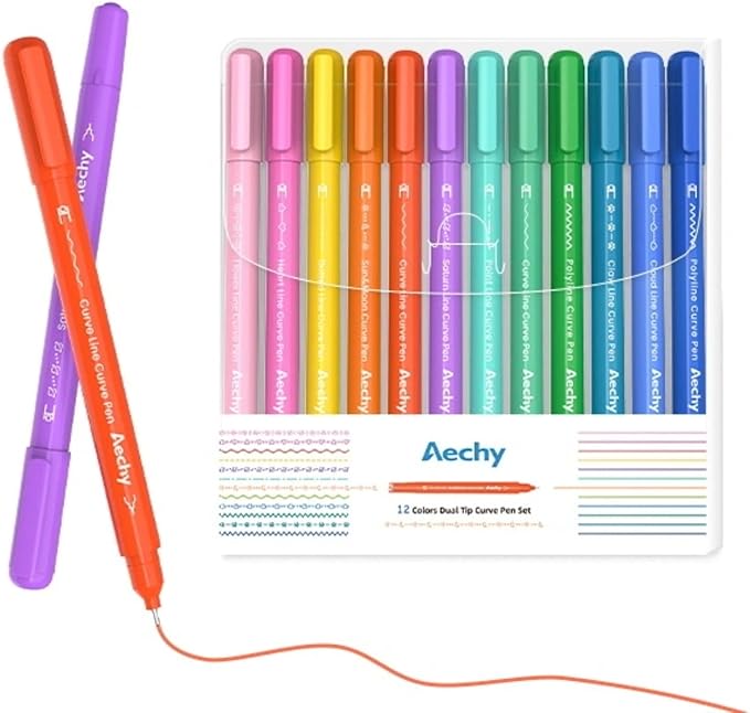 AECHY 12Pcs Dual Tip Markers Pens for Note Taking, Curve Highlighter with 10 Different Curv Shapes & 12 Colors Fine Lines, Colored Curve Pen for Students,Planners,Teachers, Scrapbook Supplies
