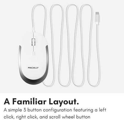Macally Wired USB C Mouse for Mac & Windows - 3 Button & Scroll Wheel USB Type C Mouse - Comfortable Ambidextrous Design - Compact Wired Mouse with Optical Sensor & DPI Switch 800/1200/1600/2400
