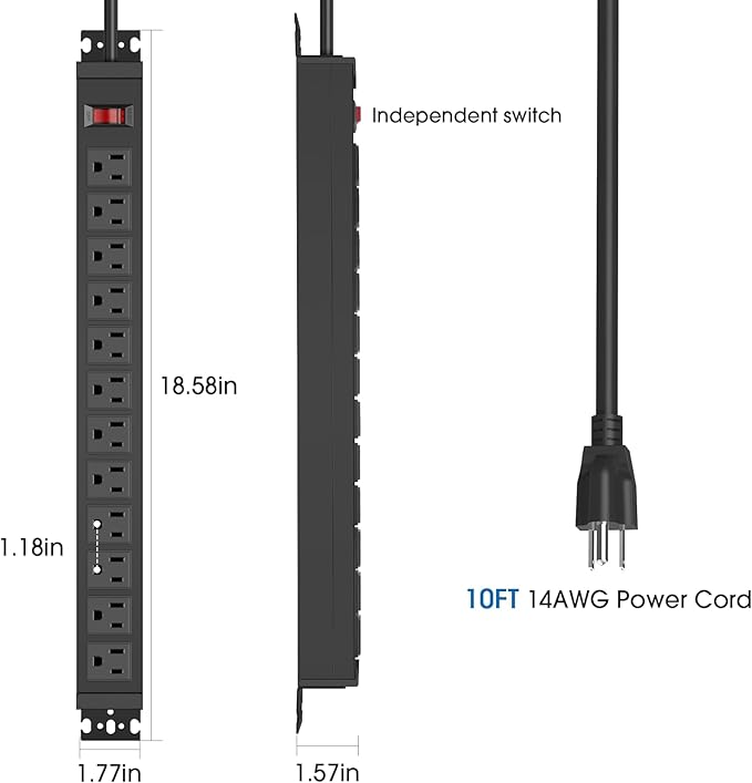 HHSOET 2 Pack Rotating Mountable Power Strip, 12 Outlet Wall Mount Surge Protector, Metal Heavy Duty and Versatile Outlet Strip, Stylish Appearance, Sturdy and Durable, 10ft Power Cord.(Black)
