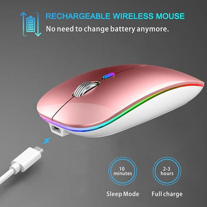 TENMOS Wireless Bluetooth Mouse, LED Slim (BT 5.1 + USB) 2.4GHz Rechargeable Silent Mouse with Type C Adapter for Laptop/MacBook/iPad OS 13 and Above (Rose Gold)