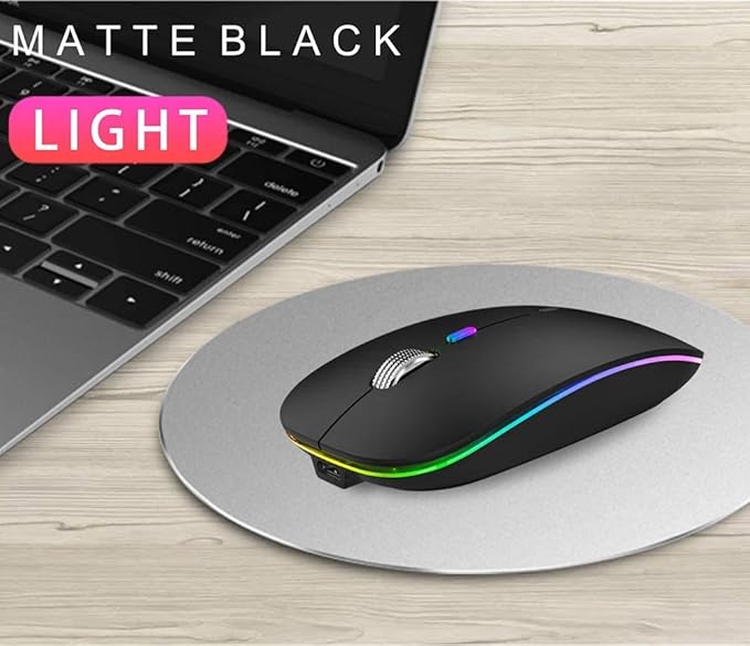 TENMOS Wireless Bluetooth Mouse, LED Slim (Bluetooth 5.1/5.0 + USB) 2.4GHz Rechargeable Silent Bluetooth Wireless Mouse with Type C Adapter for Laptop/MacBook/iPad OS 13 and Above (Matte Black)