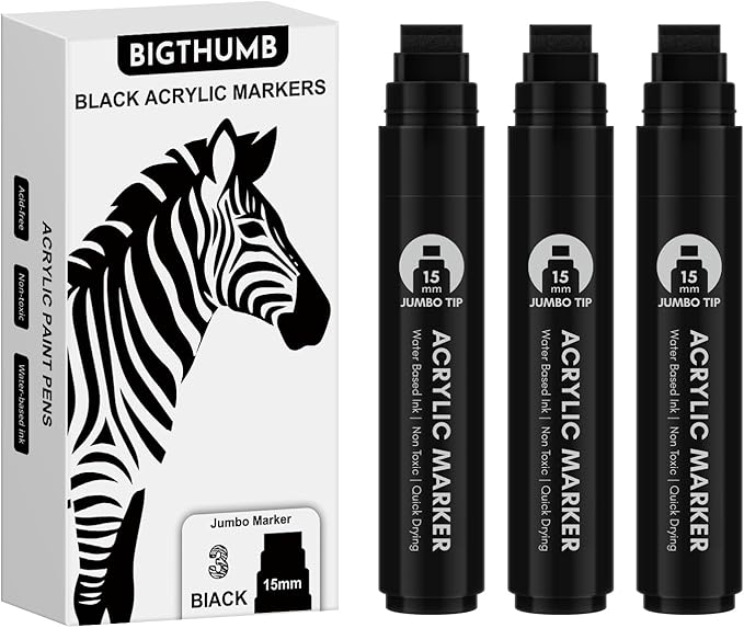 3 Pcs Black Jumbo Permanent Markers: 15mm Wide Tip Thick Acrylic Paint Pen Large Calligraphy Marker for Rock Painting, Poster, Sign, Canvas, Glass, Wood, Ceramic