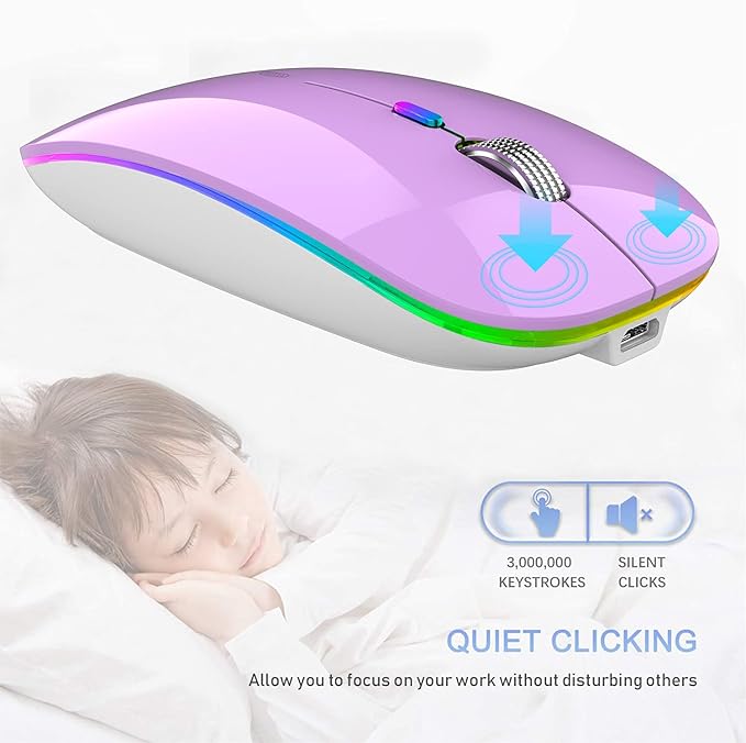 TENMOS Wireless Bluetooth Mouse, LED Slim (Bluetooth 5.1 + USB) 2.4GHz Rechargeable Silent Bluetooth Wireless Mouse with Type C Adapter for Laptop/MacBook/iPad OS 13 and Above (Purple)