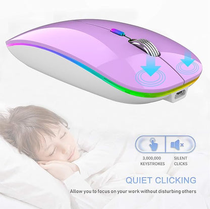 TENMOS Wireless Bluetooth Mouse, LED Slim (Bluetooth 5.1 + USB) 2.4GHz Rechargeable Silent Bluetooth Wireless Mouse with Type C Adapter for Laptop/MacBook/iPad OS 13 and Above (Purple)