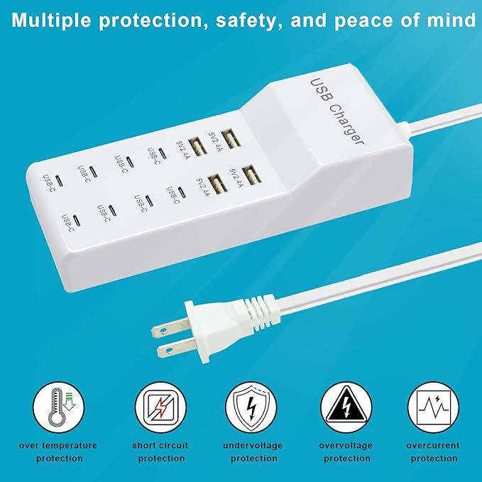 USB Charger, 12-Port Charging Station (4 USB-A Ports and 8 USB-C Ports) Compatible with Multiple Devices for iPhone 15/14/13/12Pro, Tablet PC, Smartphone