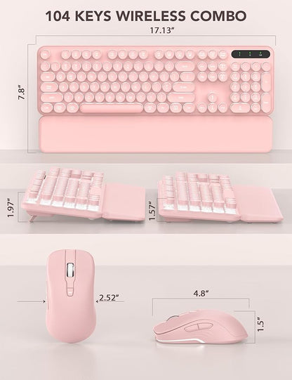 Wireless Keyboard and Mouse Backlit - Typewriter Keyboard with Retro Round Keycaps, Detachable Wrist Rest, Light Up Letters, 2.4G Rechargeable Combo for Mac, Windows, PC, Laptop, Trueque (Pink)