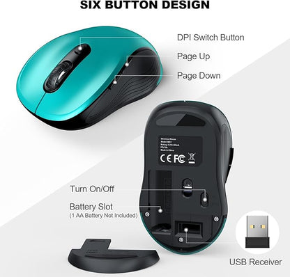 WisFox 2.4G Wireless Mouse for Laptop, Ergonomic Computer Mouse with USB Receiver and Type-C Adapter, 3 Adjustable Levels, 6 Button Cordless Wireless Mice for Windows Mac PC Notebook (Green)