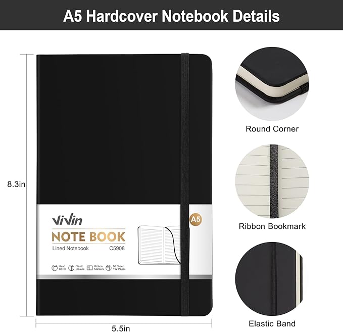 ViVin Lined Journal Notebooks for Work,192 Pages,5.5 x 8.3 inch,College Ruled,A5 Hardcover Journaling Notebooks for Writing,24 Pack Bulk