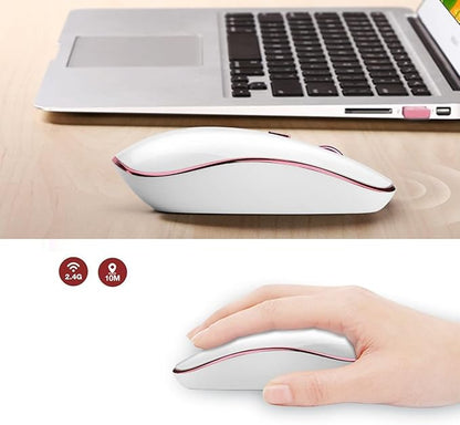 JOYACCESS Wireless Mouse for Laptop - Ultra Thin, Silent, 2400 DPI Portable Optical Mouse for Laptop,Computer,MacBook,Windows, Chromebook, PC (White + Pink)