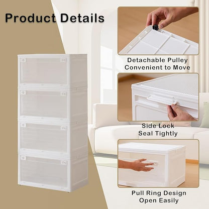 4-Tier 101QT Stackable Storage Bins with Lid, Doors & Wheels, Collapsible Plastic Organizer Bins for Closet Bedroom, White