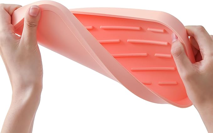 Silicone Kitchen Sink Organizer Tray for Multiple Usage,Easy Clean,Eco-Friendly Sponges Holder for Kitchen Bathroom Counter or Sink,Dish Soap Dispenser,Scrubber,Bottle,Cup Pink 10”x 5.3”