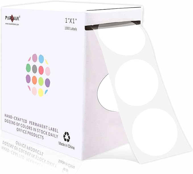 PARLAIM 1 Inch Round Permanent Adhesive Color-Code Dot Stickers, 1000 Stickers Roll Dispenser Box White Circle Labels