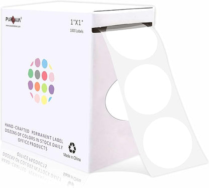 PARLAIM 1 Inch Round Permanent Adhesive Color-Code Dot Stickers, 1000 Stickers Roll Dispenser Box White Circle Labels