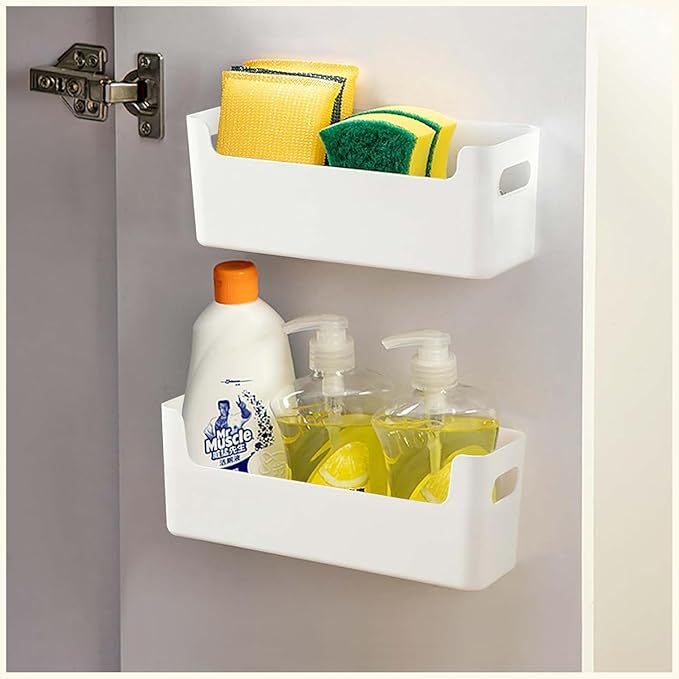 2 Pack Cabinet Organizer Storage, Adhesive Over Cabinet Door Organizer, No Drilling Space Saver Plastic Storage Containers Multi-Use for Kitchen Bathroom Office Bedroom, White