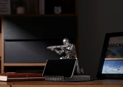 Windbreaker Soldier Knight Pen Holder Personalized Desk Accessory, Mobile Phone & Gaming Controller Holder, Device Stand Gift for Medieval Enthusiasts (Silver)