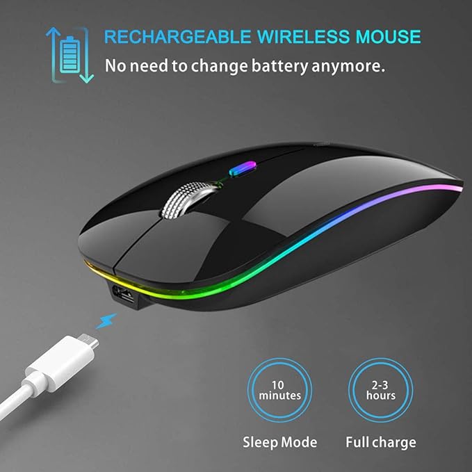 TENMOS Wireless Bluetooth Mouse, LED Slim (Bluetooth 5.1 + USB) 2.4GHz Rechargeable Silent Bluetooth Wireless Mouse with Type C Adapter for Laptop/MacBook/iPad OS 13 and Above (Black)