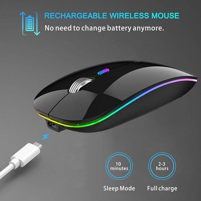 TENMOS Wireless Bluetooth Mouse, LED Slim (Bluetooth 5.1 + USB) 2.4GHz Rechargeable Silent Bluetooth Wireless Mouse with Type C Adapter for Laptop/MacBook/iPad OS 13 and Above (Black)