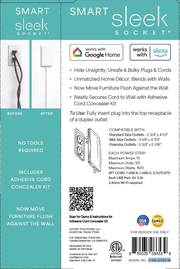 Smart Sleek Socket: Universal Outlet Concealer with Wi-Fi Smart Power Strip