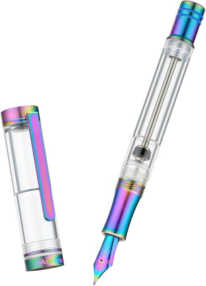 Asvine V200 Titanium Fountain Pen Vacuum Filling, Rainbow Bock Fine Nib Transparent Acrylic Smooth Writing Pen Case Set