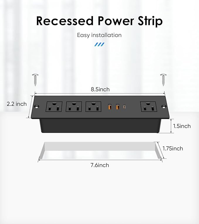 VILONG Flat Plug Recessed Power Strip with PD 20W USB-C, Flush Mounted Drawer Outlet, 4 AC Outlets & 3 USB Ports, Conference Desktop Built in Power Strip, 10FT Extension Cord(Black)