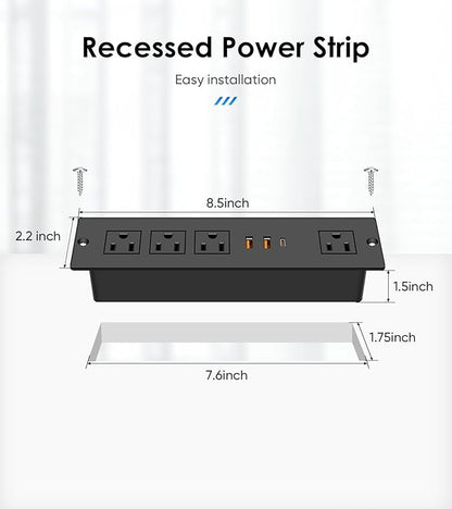 VILONG Flat Plug Recessed Power Strip with PD 20W USB-C, Flush Mounted Drawer Outlet, 4 AC Outlets & 3 USB Ports, Conference Desktop Built in Power Strip, 10FT Extension Cord(Black)
