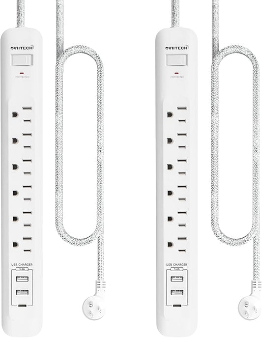 2 Pack Power Strip Surge Protector - 6 Outlets 3 USB Charging Ports (1 USB C), 5Ft Extension Cord, Flat Plug, Overload Protection, Wall Mount for Office Home, Dorm Room White
