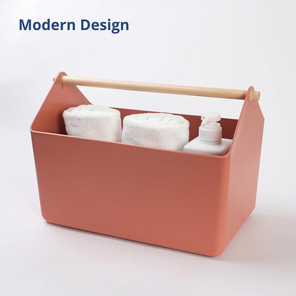 BLUE GINKGO Large Storage Basket – Plastic Caddy with Wooden Handle for Bathroom, Pantry, or Cleaning Supplies (Terracotta)