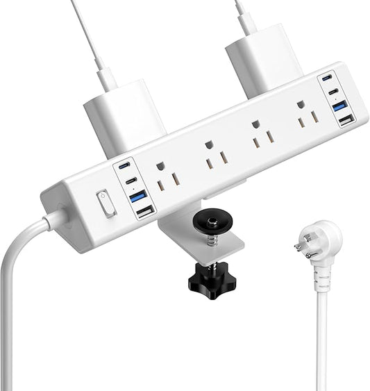 40W Fast Charging Station,Desk Clamp Power Strip 20W USB C,8 Outlets,8 USB Ports,4 USB C and 4 USB A, Office Furniture Surge Protector, 14AWG Cord, Fits 1.9" Tabletop Edge (White, 10FT Length)