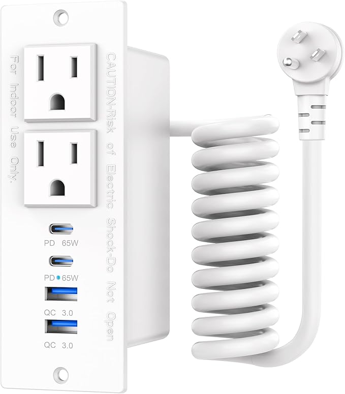 65W Furniture Drawer Outlet, Recessed Outlet with 4 USB Ports & 2 AC Outlets, Recessed Power Strip for Home, Office, 14 AWG-10FT Spring Cord(White)