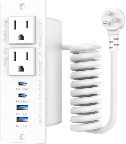 65W Furniture Drawer Outlet, Recessed Outlet with 4 USB Ports & 2 AC Outlets, Recessed Power Strip for Home, Office, 14 AWG-10FT Spring Cord(White)
