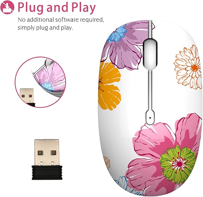 TENMOS M101 Wireless Mouse Cute Silent Computer Mice with USB Receiver, 2.4G Optical Wireless Travel Mouse 1600 DPI for Laptop, Notebook, PC, Computer (Flower)