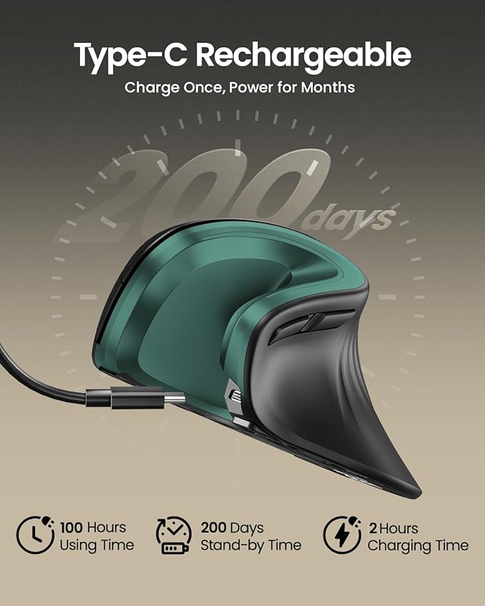 ProtoArc Ergonomic Mouse, EM11 NL Wireless Vertical Mouse, Ergo Mouse with Multi-Device, USB-C Rechargeable Mice for Windows, Mac OS, PC/Notebook/Laptop,Green