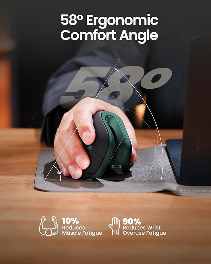 ProtoArc Ergonomic Mouse, EM11 NL Wireless Vertical Mouse, Ergo Mouse with Multi-Device, USB-C Rechargeable Mice for Windows, Mac OS, PC/Notebook/Laptop,Green