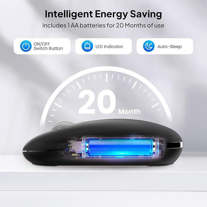 Multi-Device Bluetooth Mouse (BT1/BT2 + 2.4G), Small Slim Travel Mouse, 4-Way Metal Scroll Wheel, Silent Click, 4-Levels Adjustable DPI, for Laptop Tablet iPadOS Mac (Black)