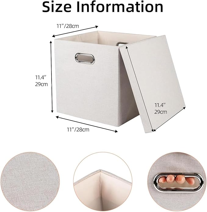 Storage Bins with Lids, Collapsible Linen Fabric Boxes Organizer Containers with Lid Foldable Storage Box Basket for Closet, Shelves, Home, Office, 11 x 11 x 11.4 Inch, 4 Pack, Beige