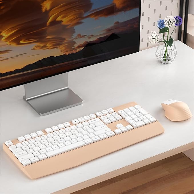 Wireless Keyboard and Mouse Combo, Ergonomic Keyboard with Wrist Rest and Mouse, 2.4Ghz Wireless Connection, Compatible with PC/Laptop/Windows/Mac for Home and Office Use (White Milk Tea)