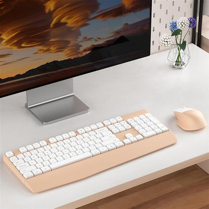 Wireless Keyboard and Mouse Combo, Ergonomic Keyboard with Wrist Rest and Mouse, 2.4Ghz Wireless Connection, Compatible with PC/Laptop/Windows/Mac for Home and Office Use (White Milk Tea)