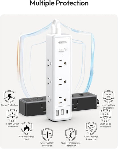 Flat Extension Cord 15 FT, Surge Protector Power Strip with 9 Widely Outlets and 3 USB (1 USB-C), Extension Cord with Multiple Outlets, 1080 Joule, Wall Mount, for Home Office, Dorm,White