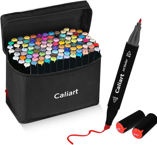 Caliart Markers, 100 Colors Dual Tip Art Markers Sketch Pens Permanent Alcohol Based, with Case for Adults Artists Drawing Illustration Sketching Coloring (Black Barrel)