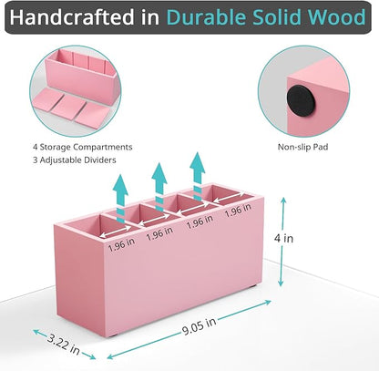 Bivvclaz Pencil Pen Holder for Desk, Wooden Office Desk Organizers and Accessories with 4 Slots for Countertop, Makeup Brush Holder Organizer for Bathroom Vanity, Silverware Caddy for Party, Pink