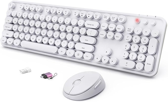 Wireless Keyboard and Mouse Combo, Ergonomic Full Size Typewriter Retro Round Keycaps Keyboard, Compatible with Windows, PC, Perfer for Home and Office Keyboards（White）